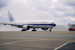 The aircraft received a water salute upon arrival.