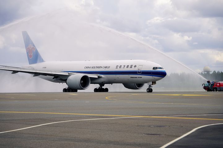 The aircraft received a water salute upon arrival.