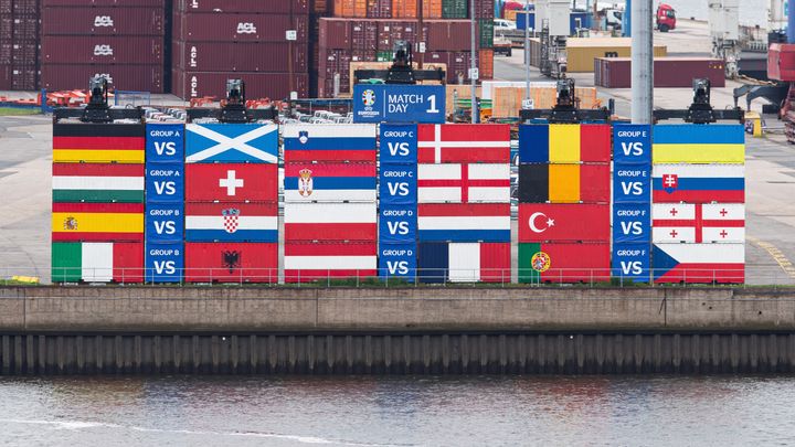 Football mania in Hamburg: the harbour once again serves as the backdrop for a stunning container installation to mark the first match day of UEFA EURO 2024