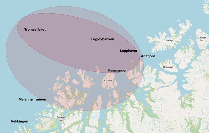Kart%20over%20Nord-Troms%20og%20havet%20utenfor.%20Testomr%E5det%20er%20markert%20med%20en%20sirkel.