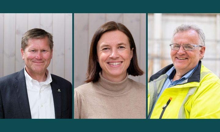 Styreleder Finn Ivar Marum (t.v.), konstituert konsernsjef Vera Flatebø og Morten Kristiansen som går av som konsernsjef. Foto: Moelven