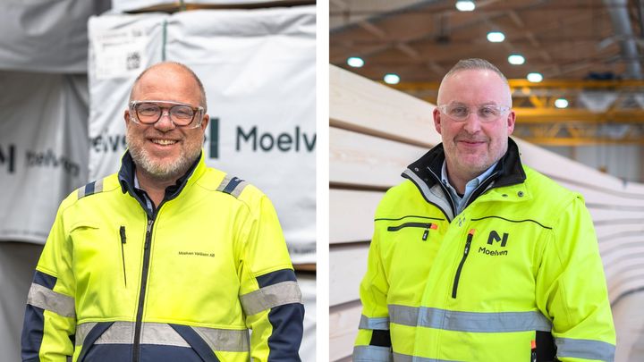 Thomas Haglund (t.v.) er konstituert som administrerende direktør for Moelven Limtre AS og AB, etter at Frode Henning Killi (t.h.) fratrer som adm. dir.