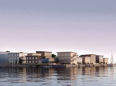 Studentbyen i Fiskerihavnen, København består av 15 bygg som er reist med  norskproduserte moduler fra Moelven Byggmodul AS. Illustrasjon: CPH Village