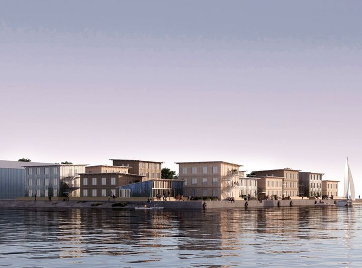 Studentbyen i Fiskerihavnen, København består av 15 bygg som er reist med  norskproduserte moduler fra Moelven Byggmodul AS. Illustrasjon: CPH Village