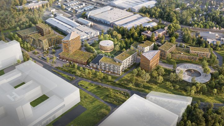 Moelven åpner for utvikling av nytt trekvartal ved Mjøssykehuset. Illustrasjon: Moelven