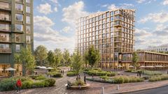 Moelven åpner for utvikling av nytt trekvartal ved Mjøssykehuset. Illustrasjon: Moelven