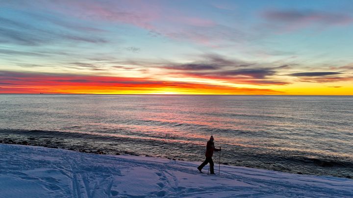 En skiløper går skitur på Tromøya i Arendal 14. januar i soloppgangen.