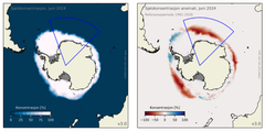 Figur 3: Til venstre: Sjøiskonsentrasjonen i Antarktis for juni 2024. Blått er åpent hav, mens hvitt er 100% is. Til høyre: Avvik i prosent av iskonsentrasjonen fra referanseperioden 1991–2020. Røde områder har mindre is enn normalt mens blå har mer. De grå områder inn mot land representerer isbremmer. Den blå boksen indikerer havområdet utenfor Dronning Maud Land som vises i figur 4b.