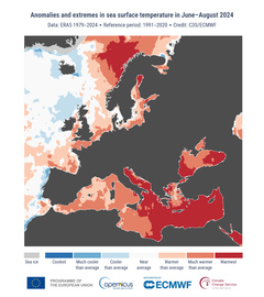 Unormale og ekstreme temperaturer på havoverflaten i juni–august 2024. Fargekategoriene viser hvor varmt eller kaldt havet var sammenlignet med temperaturen i perioden 1991–2020. De mest ekstreme kategoriene ("Kaldest" og "Varmest") er basert på målinger fra 1979 til 2024. Datakilde: ERA5. Kilde: C3S/ECMWF.