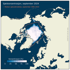 Kart over Arktis og markert median sjøis før og nå
