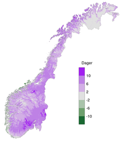 Endring i antall nullgradspasseringer om vinteren fra perioden 1961-1990 til 1991-2020. Lilla områder viser en økning, og grønne områder viser en reduksjon. Kart: KSS