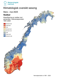 Klimatologisk oversikt over nedbøren våren 2025. Kart: Meteorologisk instuttt