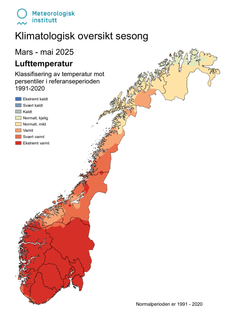 Klimatologisk oversikt over lufttemperaturen vårsesongen 2025. Kart: Meteorologisk institutt.
