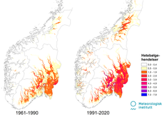 Kart som viser antall hendelser med hetebølger i denne normalperioden (1991-2020) sammenliknet med forrige normalperiode (1961-1990).