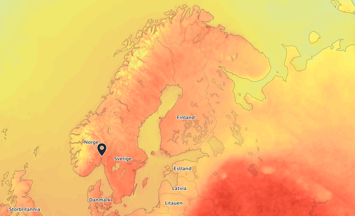 Kart som viser forventet temperatur torsdag klokka 16.