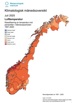 Kartet syner lufttemperatur juli 2025.