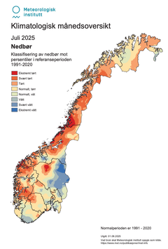 Kartet syner kor mykje nedbør som fell juli 2025.