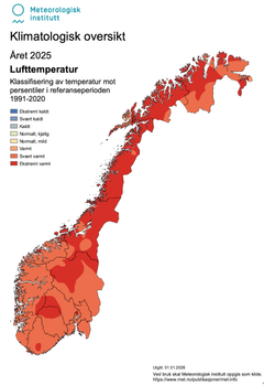 Klimatologisk oversikt temperatur året 2025