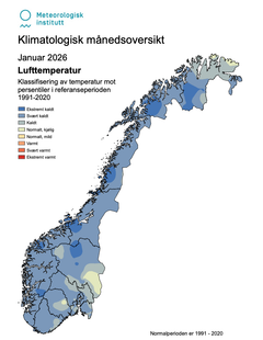 Kart over Norge mer farger som indikerer temperatur.
