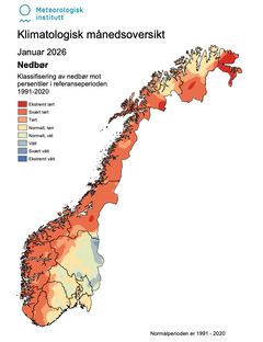 Kart over Norge med ulike farger som indikerer nedbør i januar