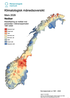 Klimatologisk månedsoversikt som viser nedbør. Trykk for større kart. Kart: Meteorologisk institutt.