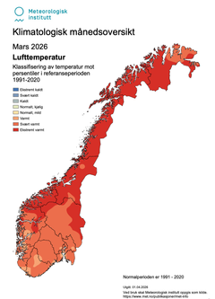 Klimatologisk månedsoversikt som viser lufttemperatur. Trykk for større kart. Kart: Meteorologisk institutt.
