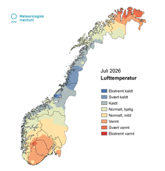 Klimatologisk månadsoversikt: Klassifisering av temperatur mot persentiler i referanseperioda 1991-2020. Illustrasjon: Helga Therese Tilley Tajet/ MET.