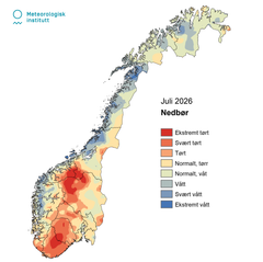 Klimatologisk månadsoversikt: Klassifisering av nedbør mot persentiler i referanseperioda 1991-2020. Illustrasjon: Helga Therese Tilley Tajet/ MET.