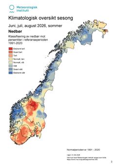 Kart som viser nedbør for Norge sommeren 2026. Illustrasjon: Lars Grinde/MET