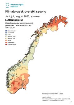 Kart som viser lufttemperaturen for sommersesongen i Norge. Illustrasjon: Lars Grinde/MET