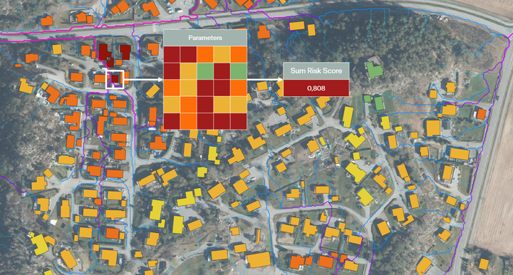 Flomdatabasen gir innsikt om overvannsrisiko og hvordan denne forplanter seg i takt med urbanisering og klimaendringer. Skjermdump fra 7Analytics