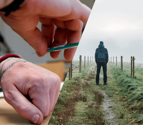 Illustrasjonsbilde satt sammen av to foto. Foto 1: Nærbilde av hender. En person skal sette sprøyte på sin egen håndbak. Foto 2: Mann står på en sti mellom to grønne beiter.