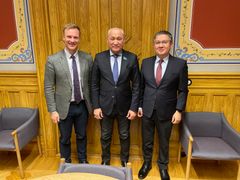 (L-R) Member of Storting Bård Ludvig Thorheim, Member of the Parliament of Kazakhstan Edil Zhangbyrshin, and Ambassador of  Kazakhstan in Norway Adil Tursunov
