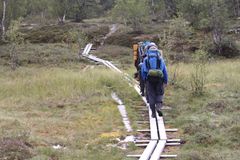 Personer med ryggsekk går på klopper over myr