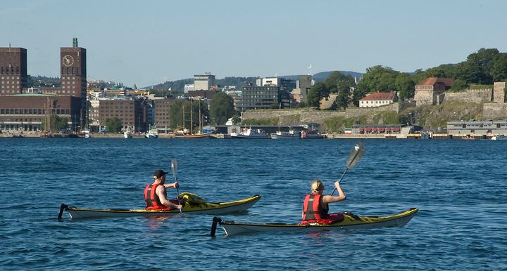 Bilete av to padlarar i Indre Oslofjord, med Akershus festning i bakgrunnen.