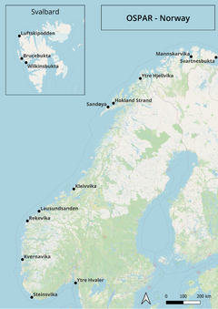 Kart som viser norske strender som skal overvakast.