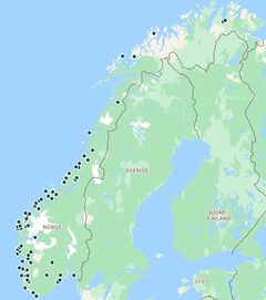Nogskart med de 77 kontrollerte anleggene for landbasert oppdrett.