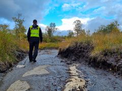 Ansatt i Statens naturoppsyn går på etablerte kjørespor på en myr.