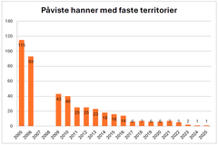 Figur 1. Antall territorielle hanner registrert i årene 2005 til 025. Det har vært en formidabel nedgang. For 2007 og 2008 mangler fullstendige data.