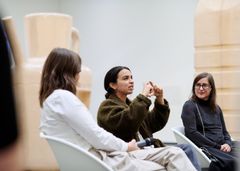 Artist talk: Alia Farid in conversatins with curators; Caroline Ugelstad and María Inés Rodríguez. Photo: Simen Øvergaard / Henie Onstad Kunstsenter