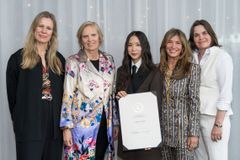Lap-See Lam (in the middle) was honoured at a reception at Moderna Museet in Stockholm yesterday. From left to right: Anne Hilde Neset, Director Henie Onstad and Jury Member LWAAP; Aud Kolberg, Norwegian Ambassador to Sweden; Lap-See Lam, 2025 LWAAP recipient; Paulina Rider Wilhelmsen, Jury Member and Founder of LWAAP; Caroline Ugelstad, Jury Leader LWAAP and Director of Exhibitions and Collection at Henie Onstad. Photo: Dustin Montazer / Henie Onstad Kunstsenter