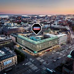 Aerial view of Helsinki Citycenter mall with a Sports Direct logo above it.