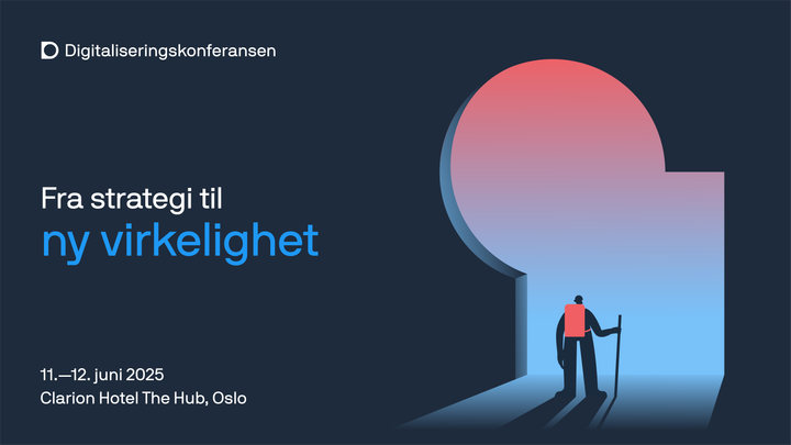 Digitalieringskonferansen 11. og 12. juni på Clarion Hotel the Hub eller digitalt. Tema for konferansen er "Fra strategi til ny virkelighet". Illustrasjon med person som står i en døråpning formet som et nøkkelhull.