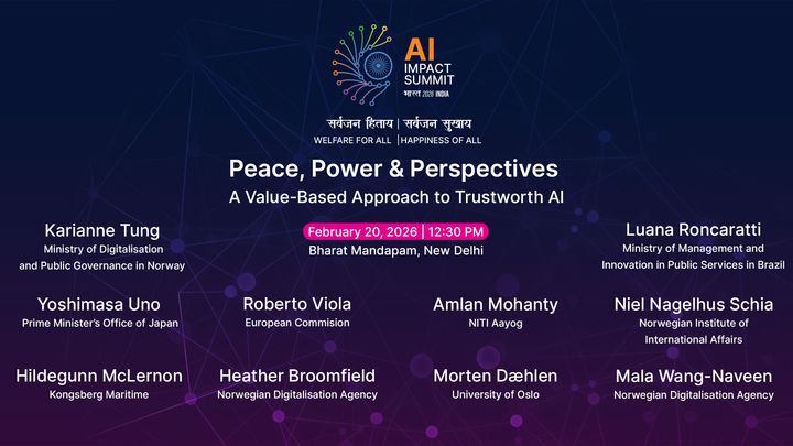 Bildet viser logoen til AI Impact Summit og navn på deltakerne i den norske sesjonen