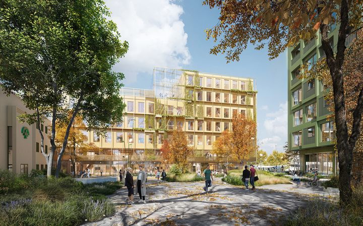 Den nye videregående skolen og det nye torget som skal bygges på Diakonhjemmet. Illustrasjon: Henning Larsen arkitekter.