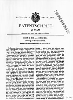 Fødselsattesten til automobilen. Patentspesifikasjon 37435 fra Carl Benz, registrert 29. januar 1886.
