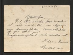 Einar Waldelands første brev hjem, 1941.