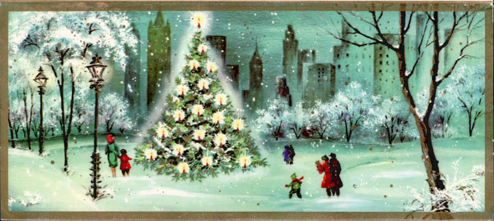 Illustrasjon av eit julepynta grantre i ein snødekt park, med menneske rundt og ein by i bakgrunnen.