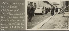 Foto med teksten "Alle gestapister hadde skiftet på sig "Wehrmacht"-uniformer når kapitulasjonen kom, men de ble funnet allikevel." Ukjent fotograf/Nasjonalarkivet, CC BY-NC.