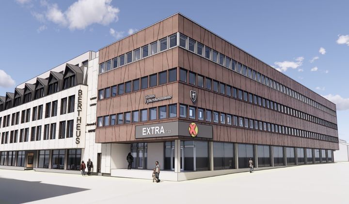 Illustrasjon av ny fasade i Fjordgate 5 i Harstad. Arbeidene ferdigstilles våren 2026.